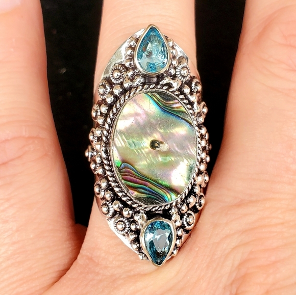 New Abalone Shell & Blue Topaz Silver Ring. - Picture 9 of 16